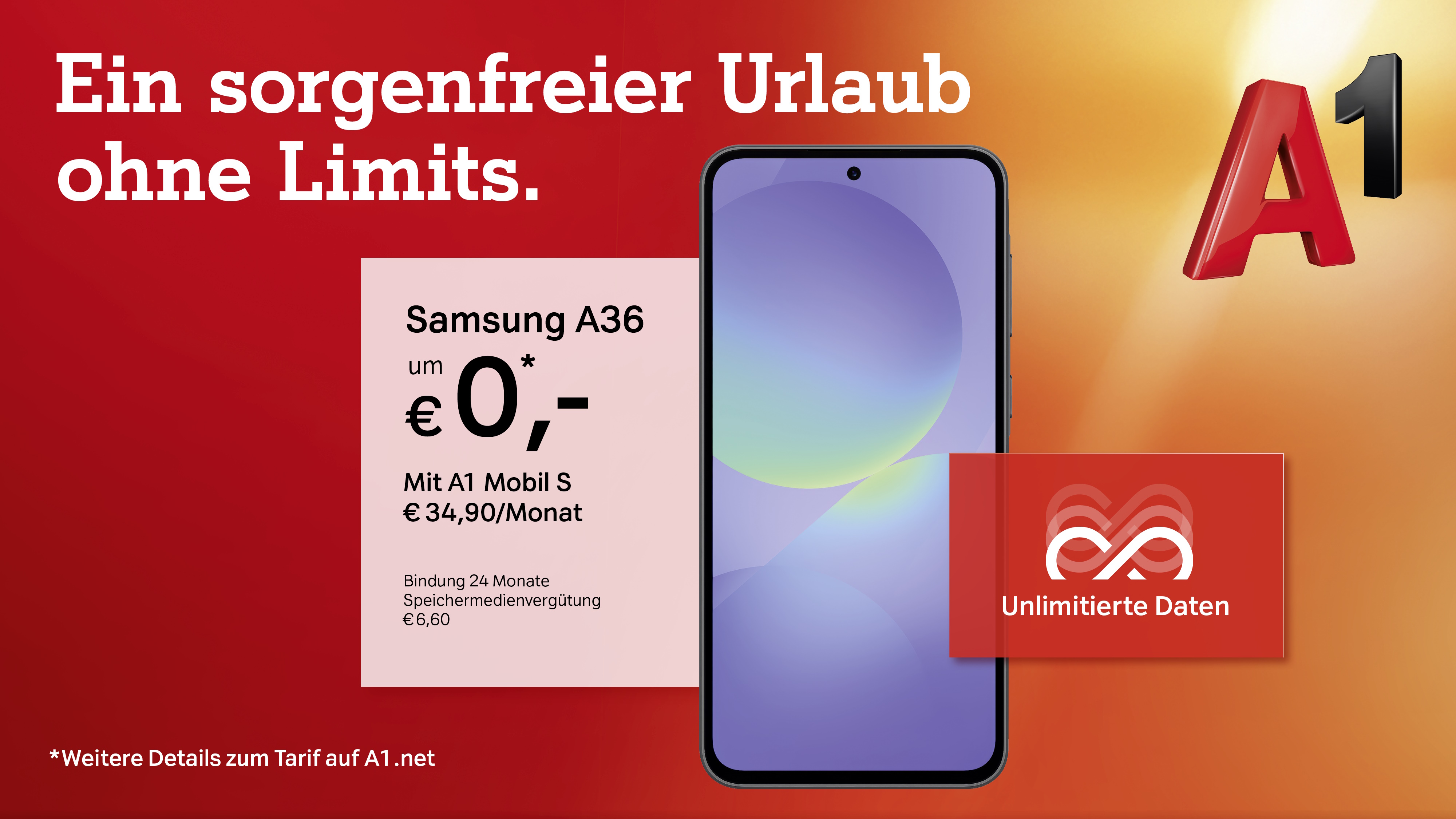 Ein sorgenfreier Urlaub ohne Limits. Samsung A36 um €0,- mit A1 Mobil S