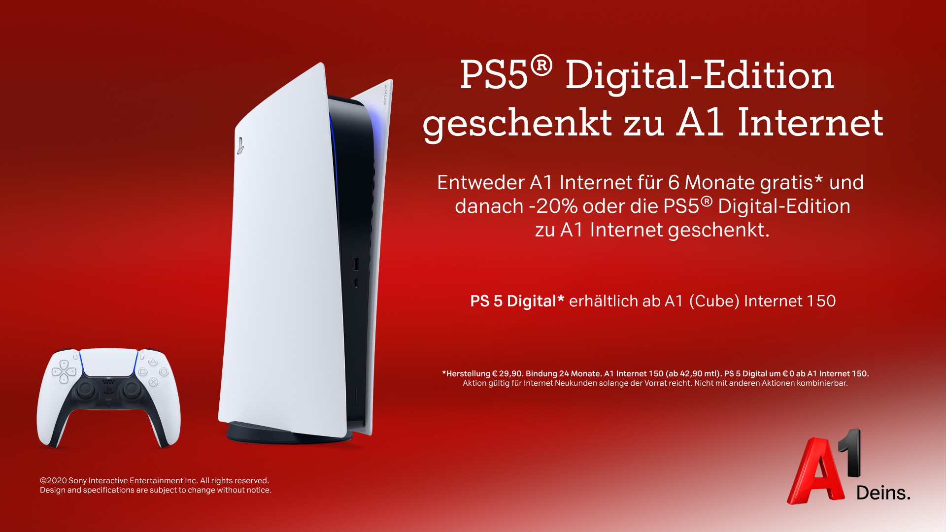 PS5 Digital-Edition geschenkt zu A1 Internet - Entweder A1 Internet für 6 Monate gratis und danach -20% oder die PS5 Digital-Edition zu A1 Internet geschenkt.