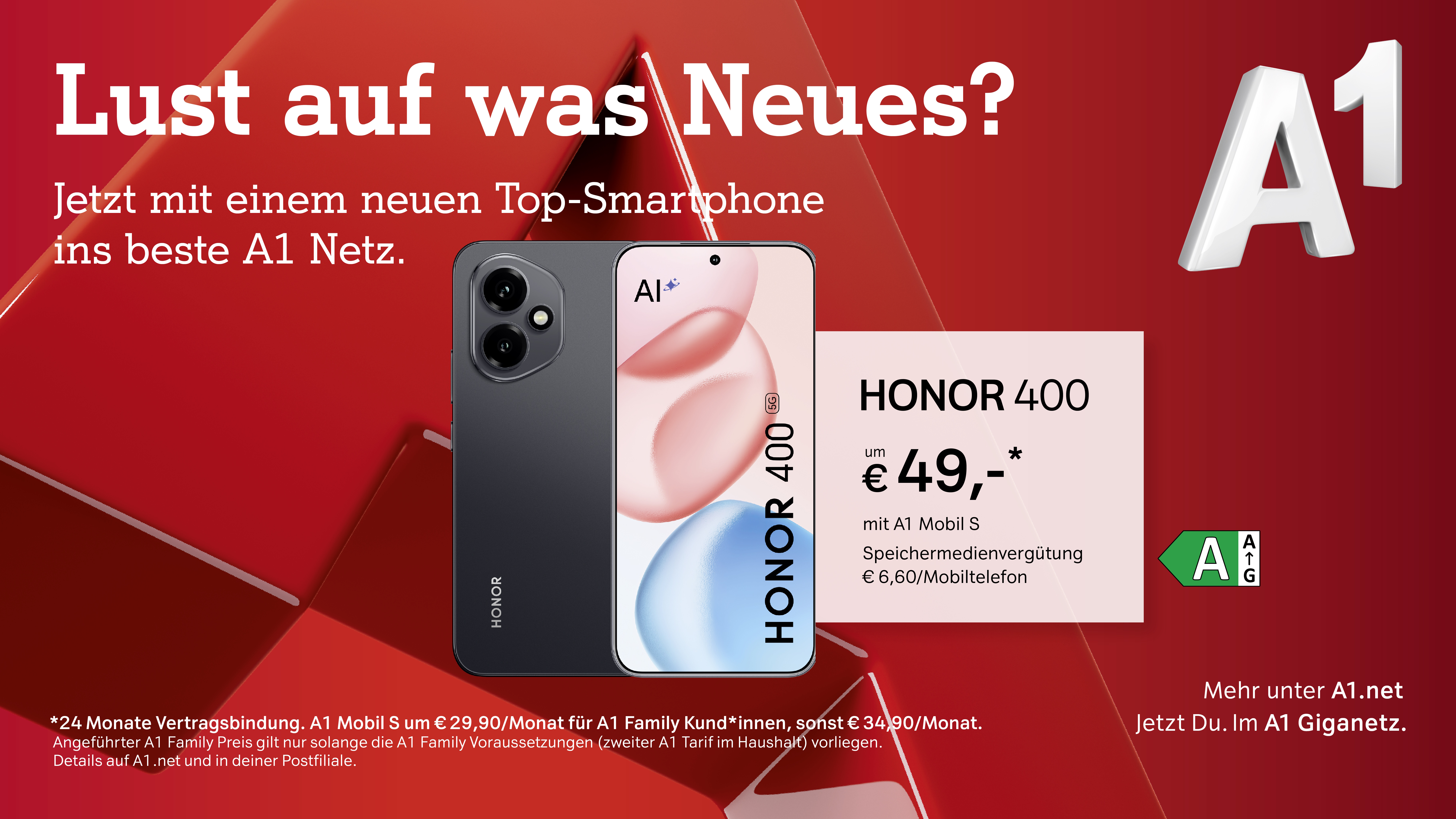 Lust auf was Neues? Jetzt mit einem neuen Top-Smartphone ins beste A1-Netz. Honor 400 um € 49,- mit A1 Mobil S