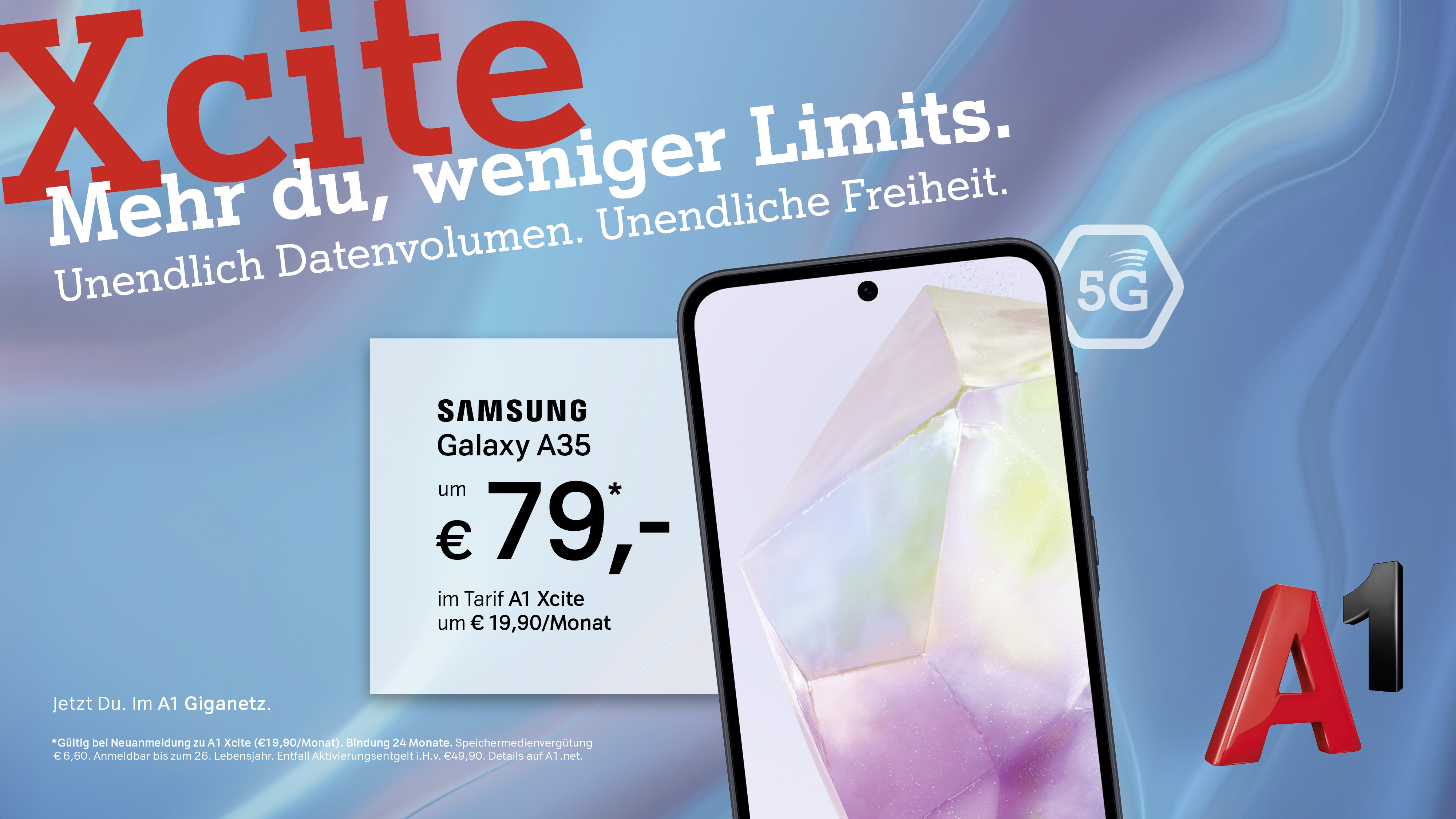 Xcite. Mehr du, weniger Limits. Unendlich Datenvolumen, Unendlich Freiheit - Samsung Galaxy A35.