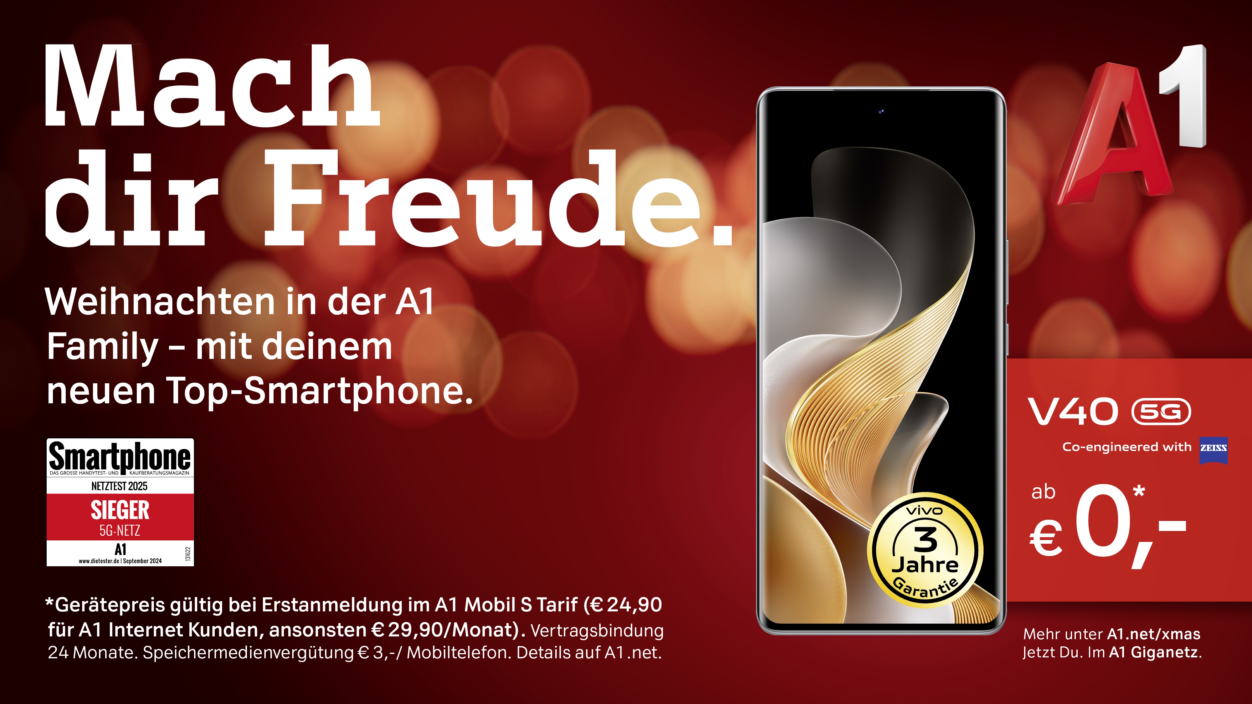 Mach dir Freude. Weihnachten in der A1 Family - mit deinem neuen Top-Smartphone - Vivo V40